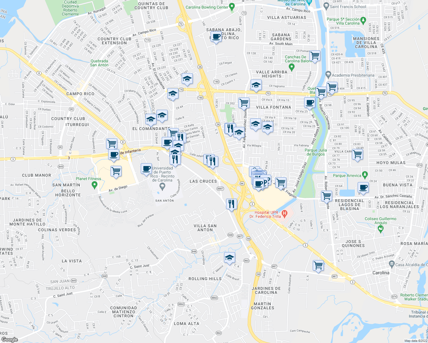 map of restaurants, bars, coffee shops, grocery stores, and more near Interstate PR3 in Carolina