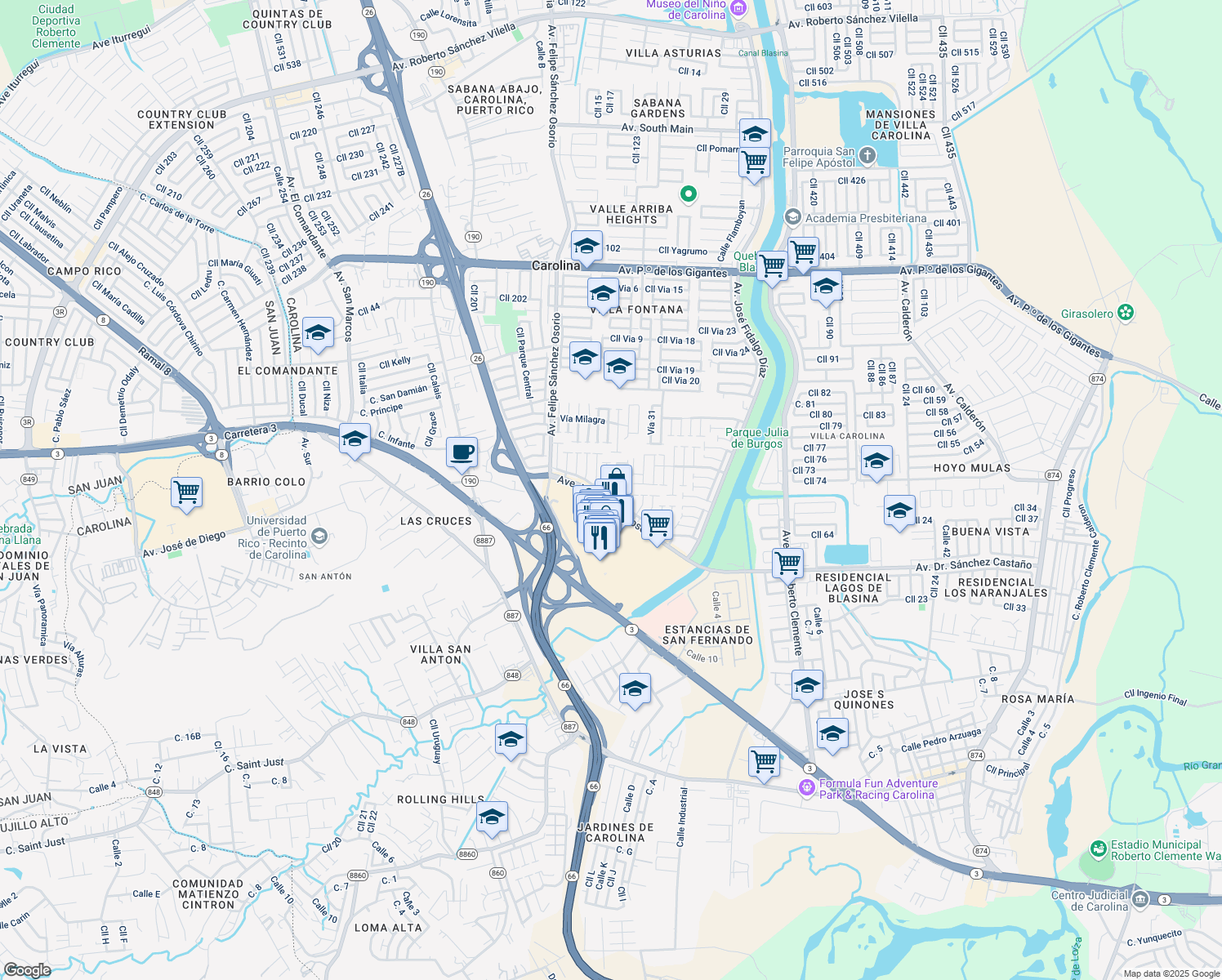 map of restaurants, bars, coffee shops, grocery stores, and more near Calle Via 54 in Carolina
