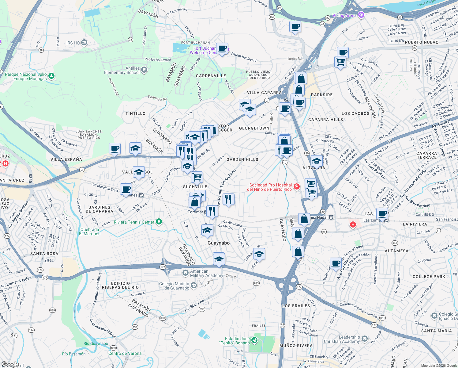 map of restaurants, bars, coffee shops, grocery stores, and more near Calle Monte Bello in Guaynabo