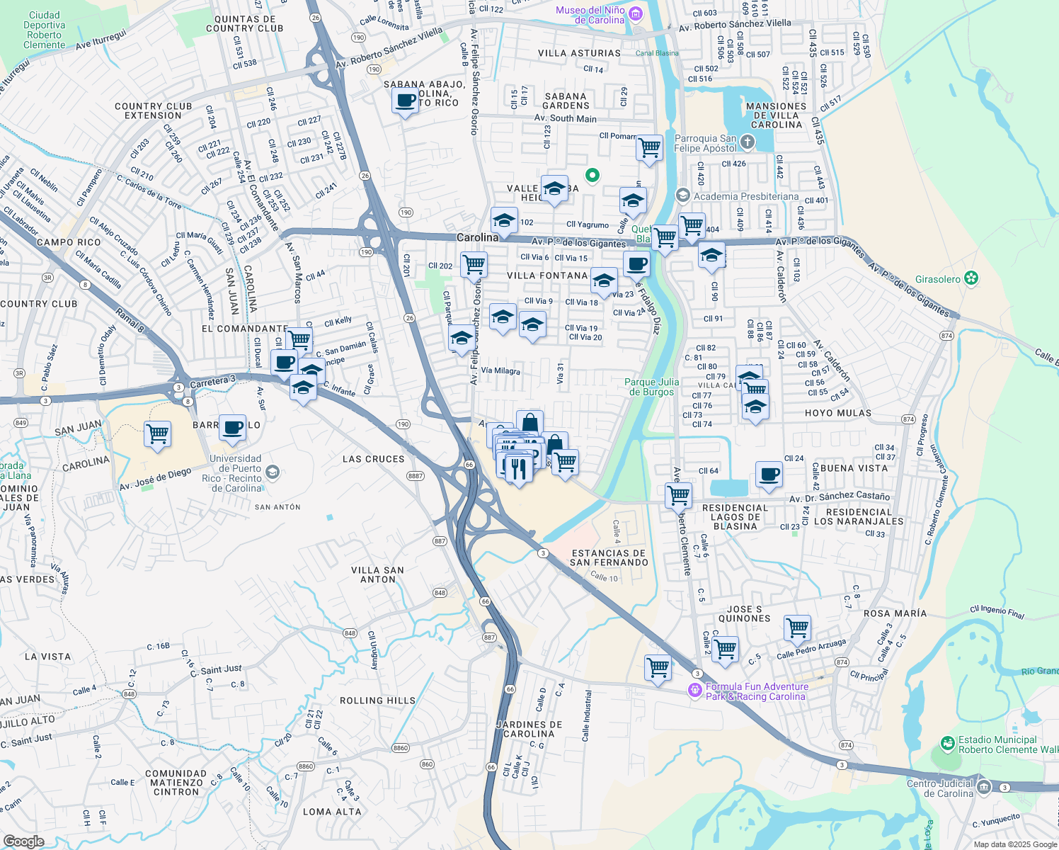 map of restaurants, bars, coffee shops, grocery stores, and more near Calle Via 54 in Carolina