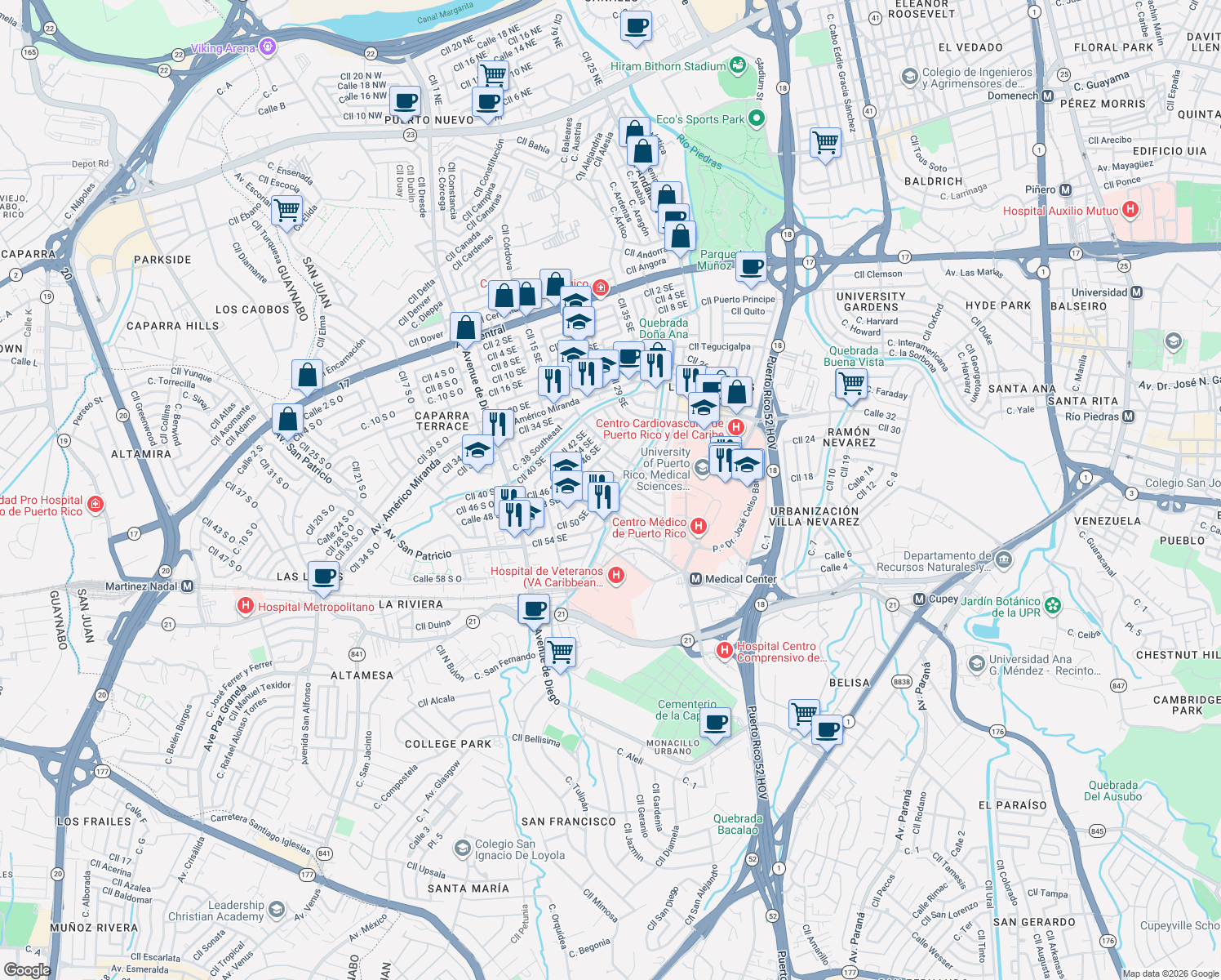 map of restaurants, bars, coffee shops, grocery stores, and more near 994 Cll 15 Southeast in San Juan