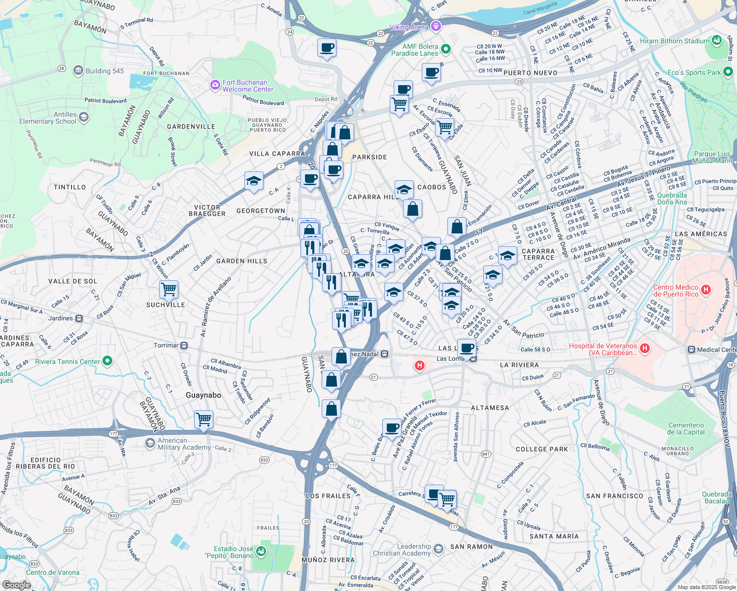 map of restaurants, bars, coffee shops, grocery stores, and more near 651 Calle Hillside in San Juan