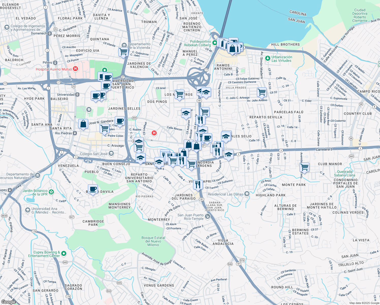 map of restaurants, bars, coffee shops, grocery stores, and more near 504 Calle Barranquitas in San Juan