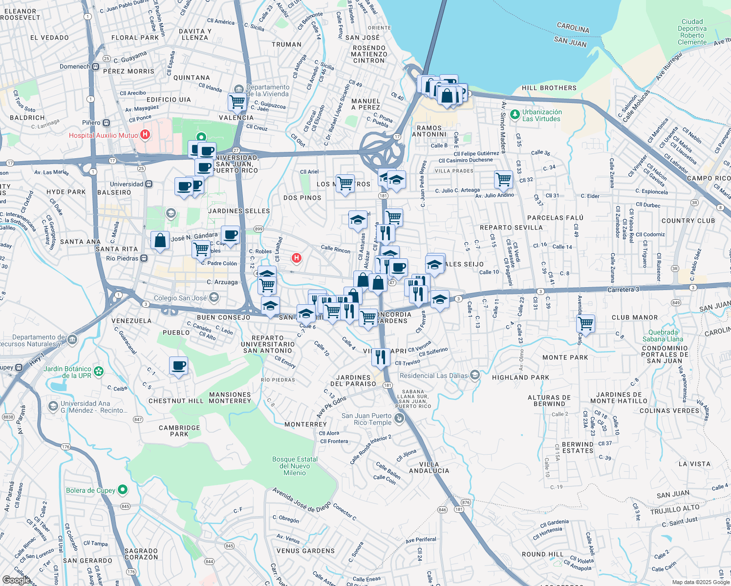 map of restaurants, bars, coffee shops, grocery stores, and more near 504 Calle Barranquitas in San Juan