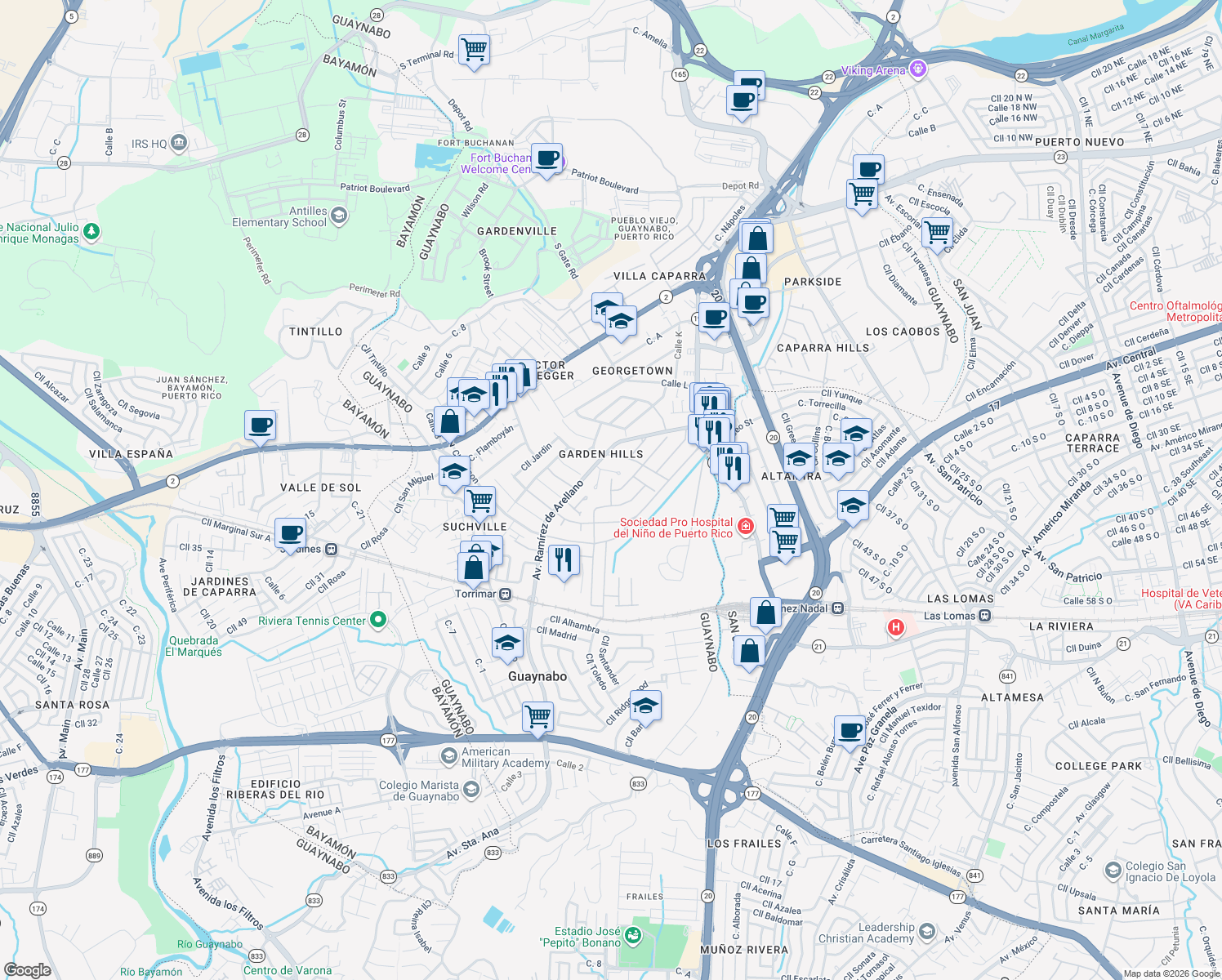 map of restaurants, bars, coffee shops, grocery stores, and more near Calle Atalaya in Guaynabo
