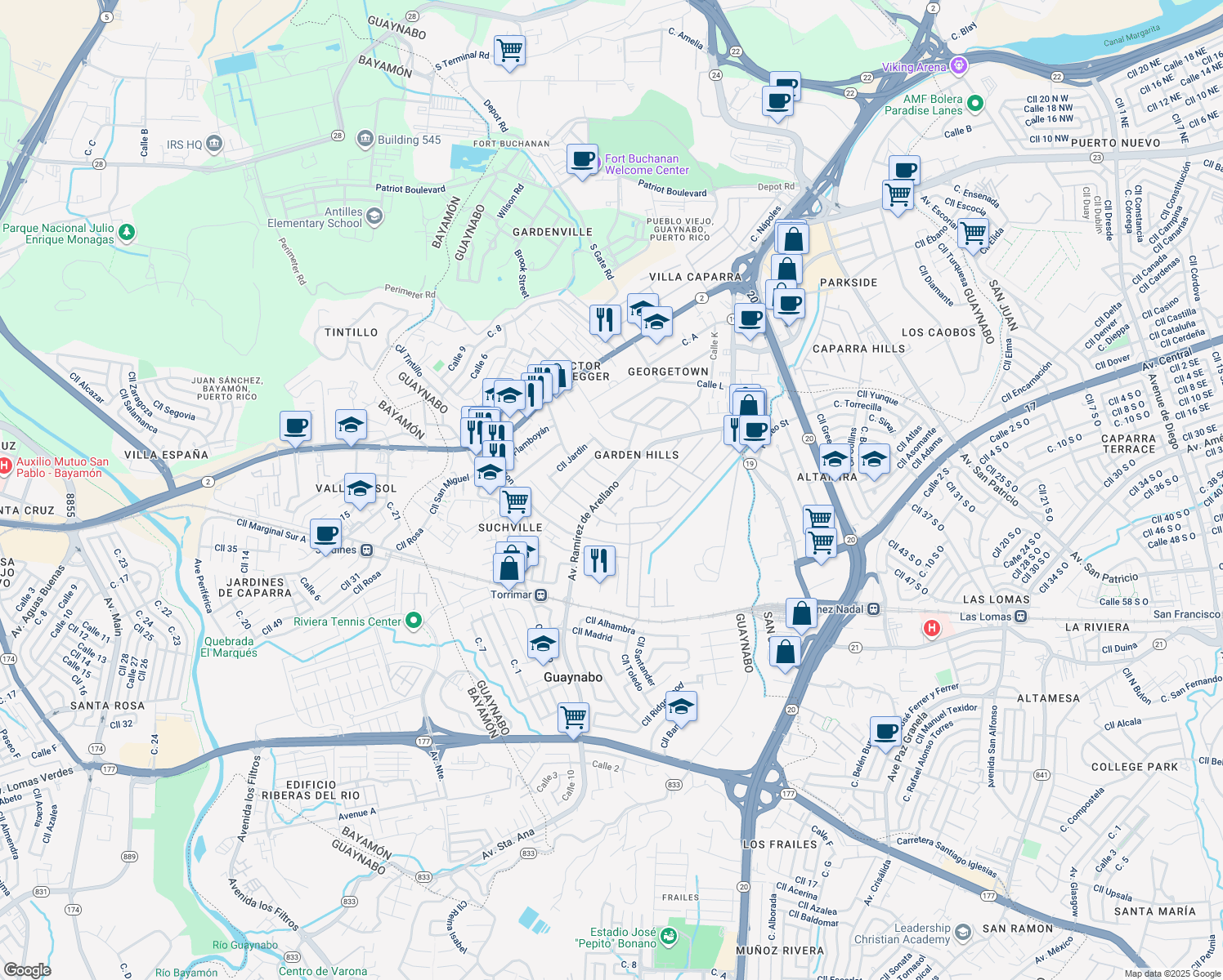 map of restaurants, bars, coffee shops, grocery stores, and more near Calle Palma Sola in Guaynabo