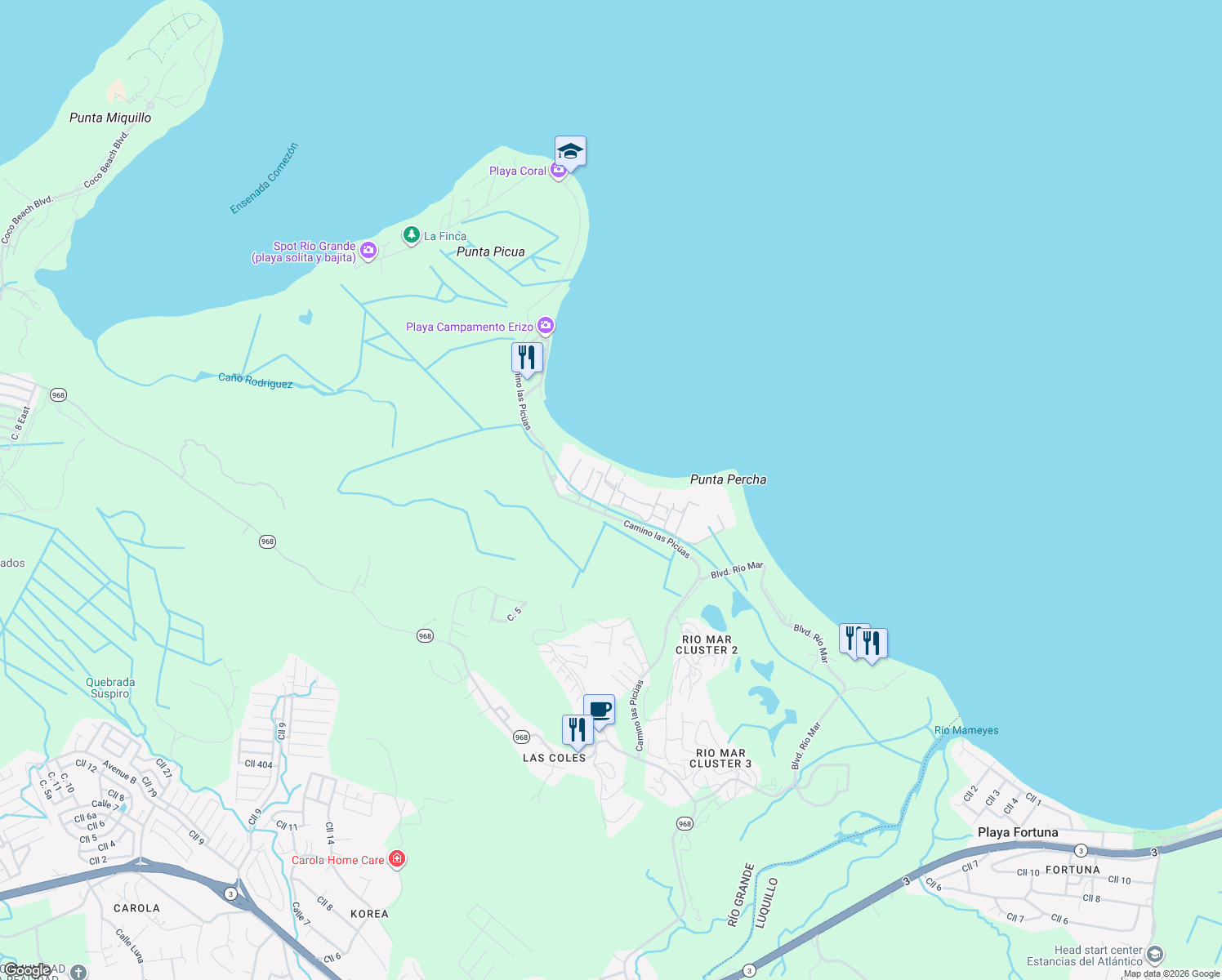 map of restaurants, bars, coffee shops, grocery stores, and more near in Río Grande