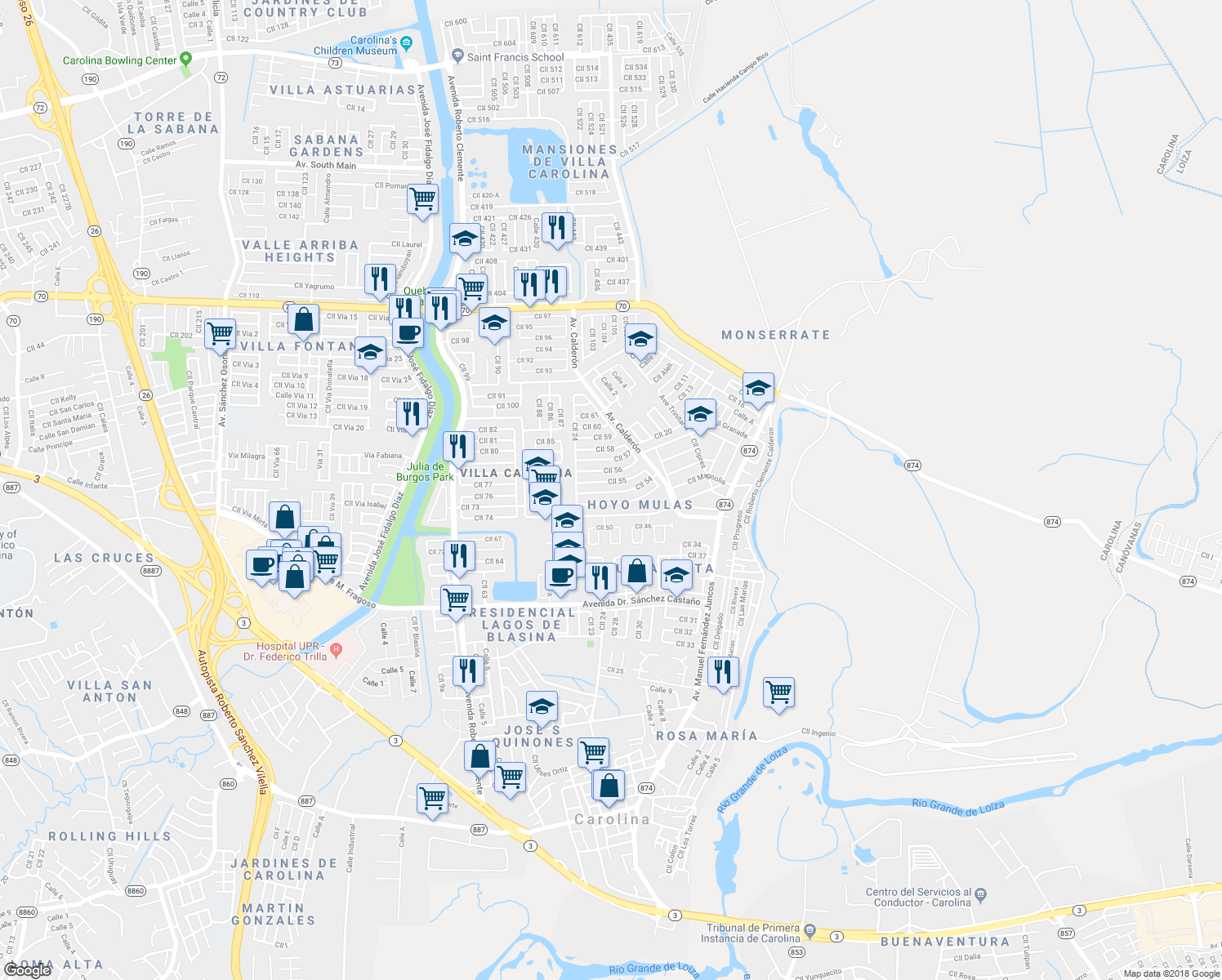 map of restaurants, bars, coffee shops, grocery stores, and more near 28 Calle 55 in Carolina