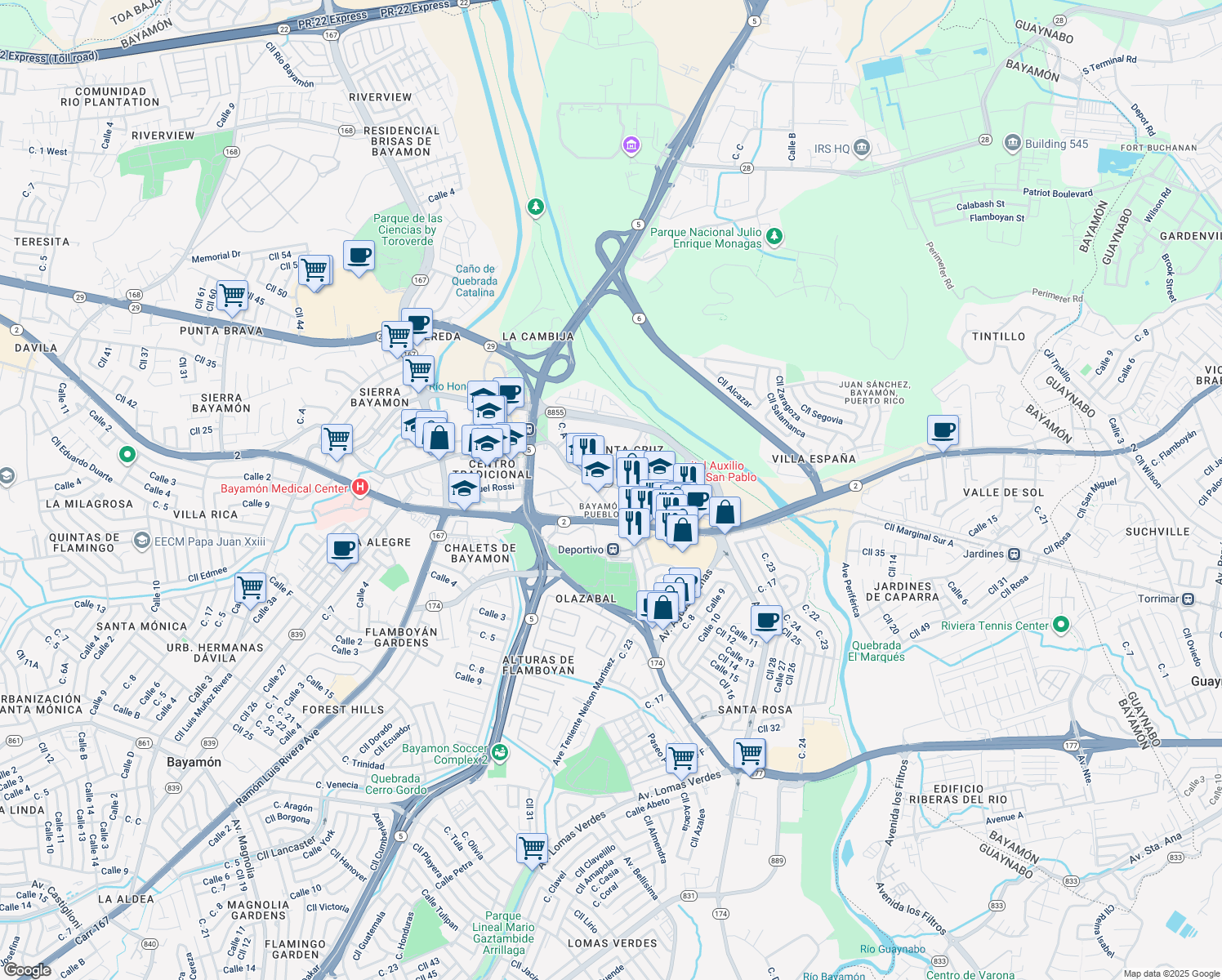 map of restaurants, bars, coffee shops, grocery stores, and more near 59 Calle Santa Cruz in Bayamón
