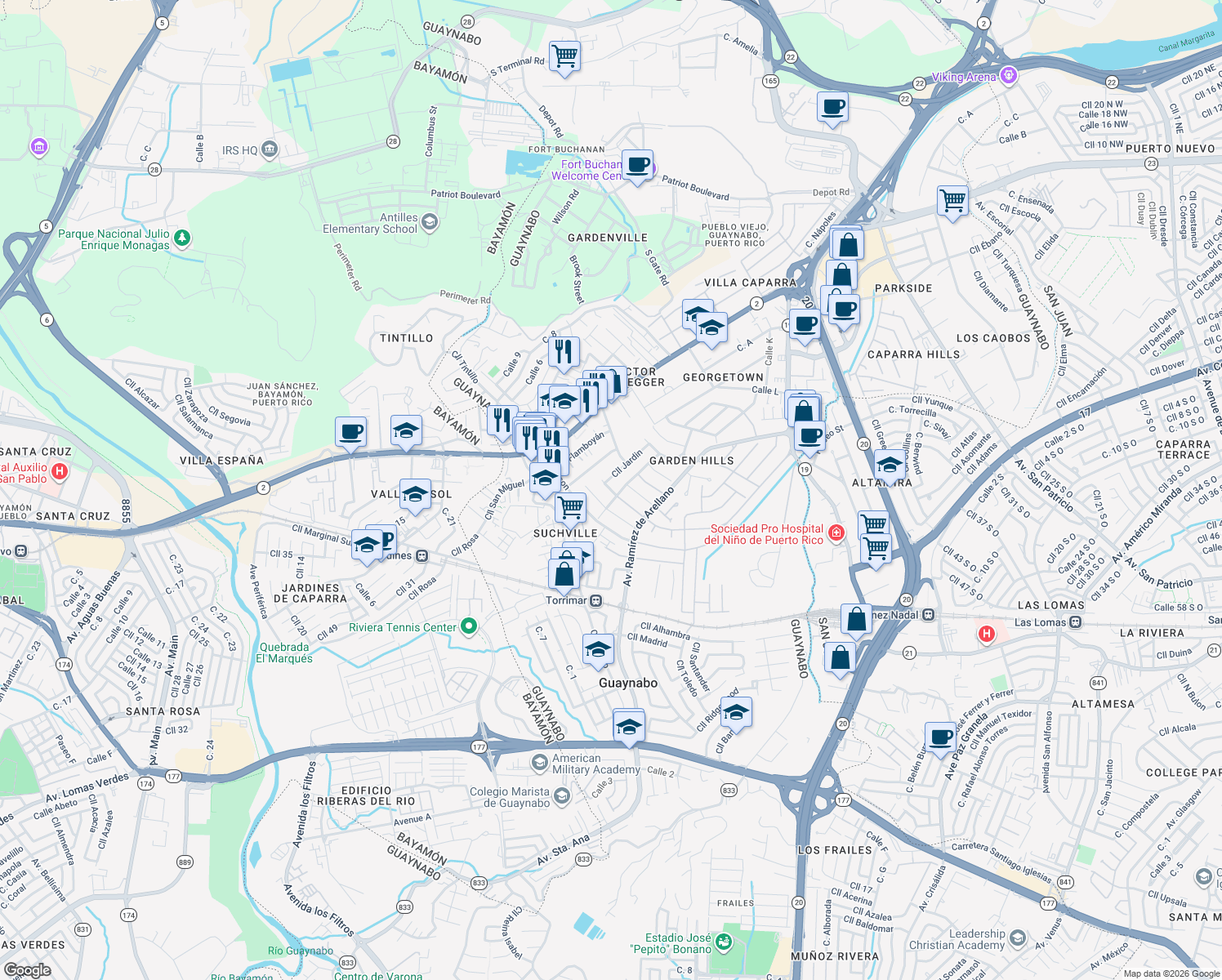 map of restaurants, bars, coffee shops, grocery stores, and more near Calle Monte Bello in Guaynabo