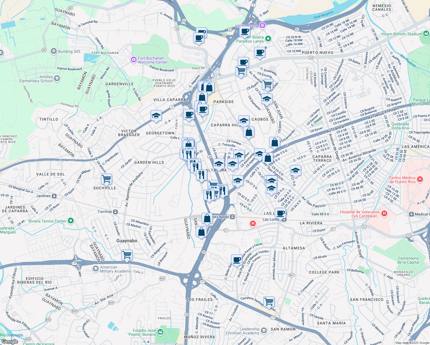 map of restaurants, bars, coffee shops, grocery stores, and more near 651 Calle Hillside in San Juan