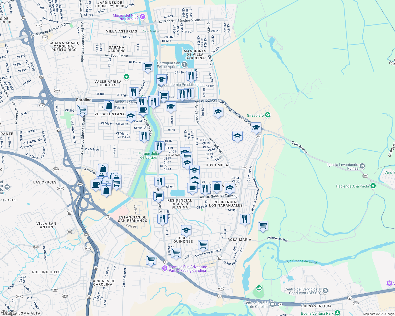 map of restaurants, bars, coffee shops, grocery stores, and more near 28 Calle 55 in Carolina