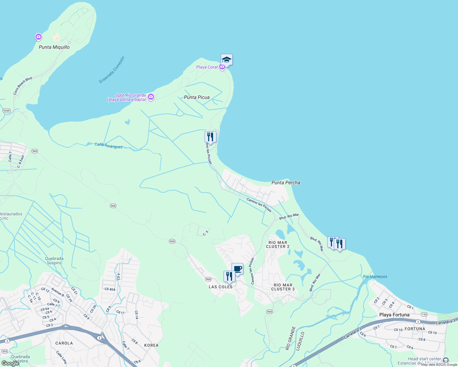 map of restaurants, bars, coffee shops, grocery stores, and more near in Río Grande