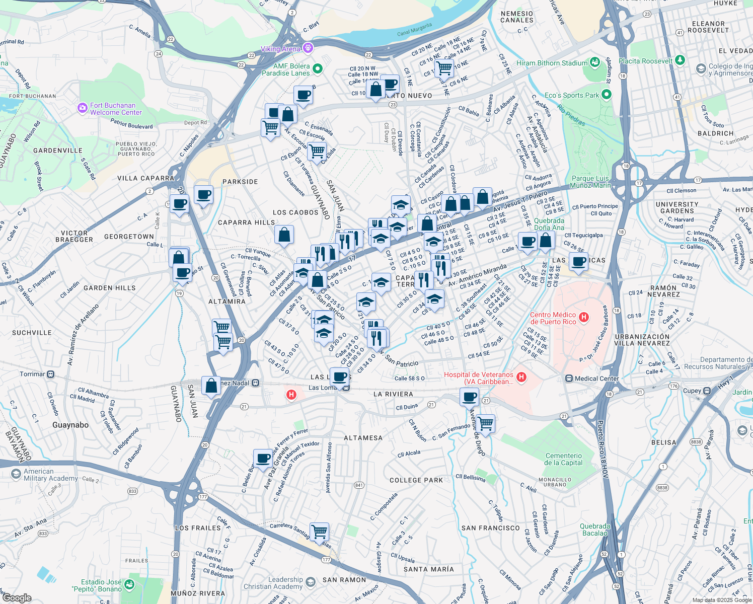 map of restaurants, bars, coffee shops, grocery stores, and more near in San Juan