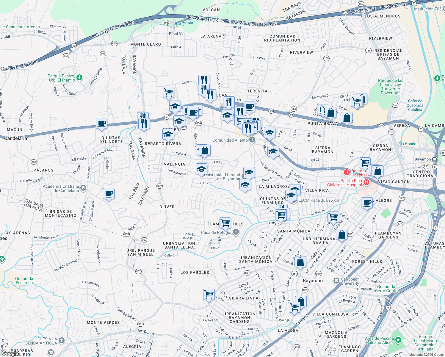 map of restaurants, bars, coffee shops, grocery stores, and more near Calle 21 in Bayamón