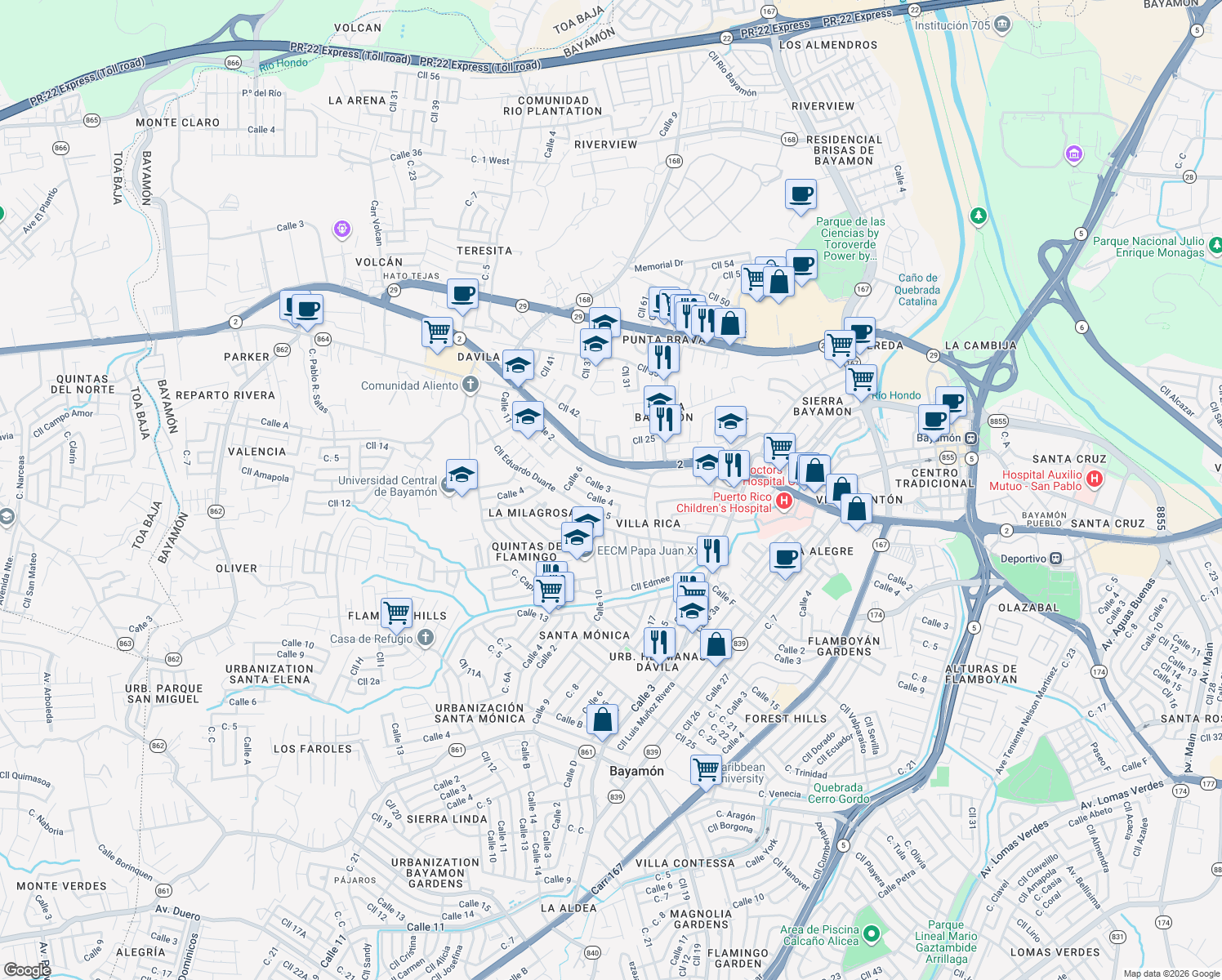 map of restaurants, bars, coffee shops, grocery stores, and more near A11 Calle 2 in Bayamón