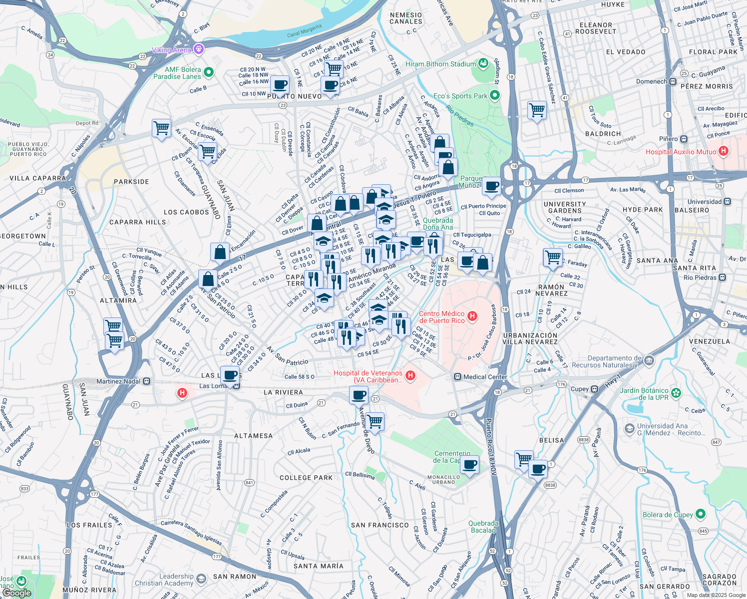map of restaurants, bars, coffee shops, grocery stores, and more near in San Juan