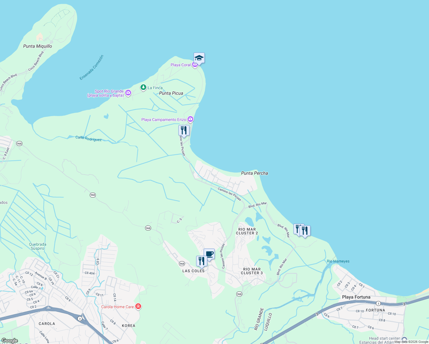 map of restaurants, bars, coffee shops, grocery stores, and more near in Río Grande