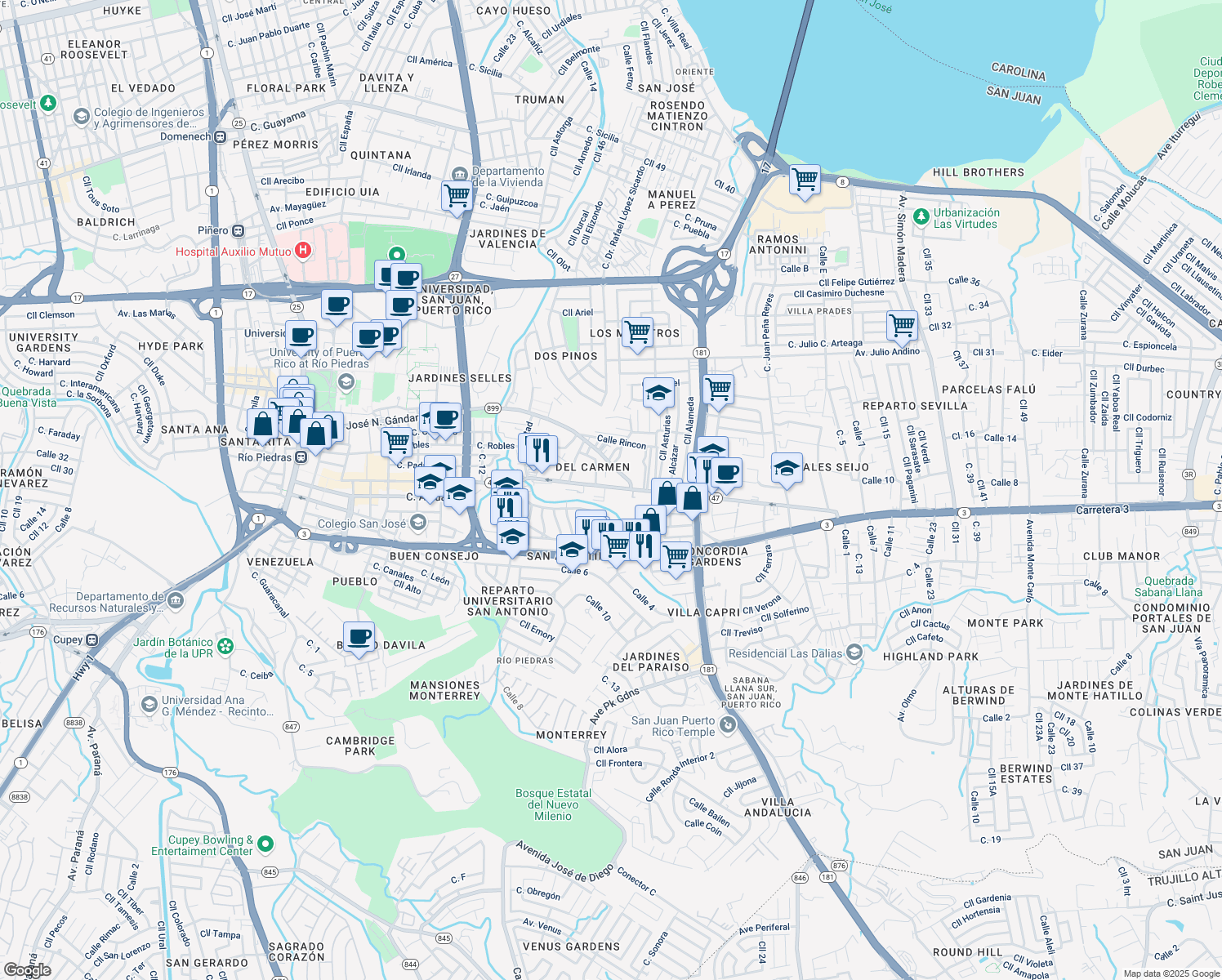 map of restaurants, bars, coffee shops, grocery stores, and more near in San Juan