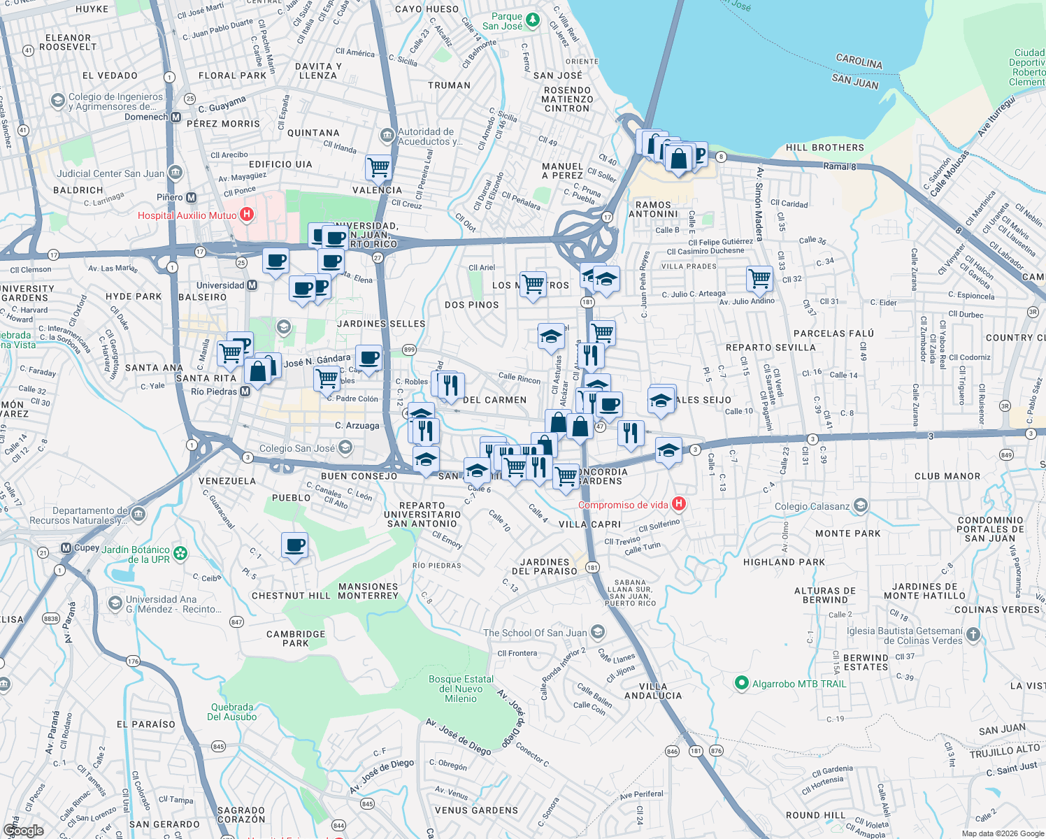 map of restaurants, bars, coffee shops, grocery stores, and more near in San Juan