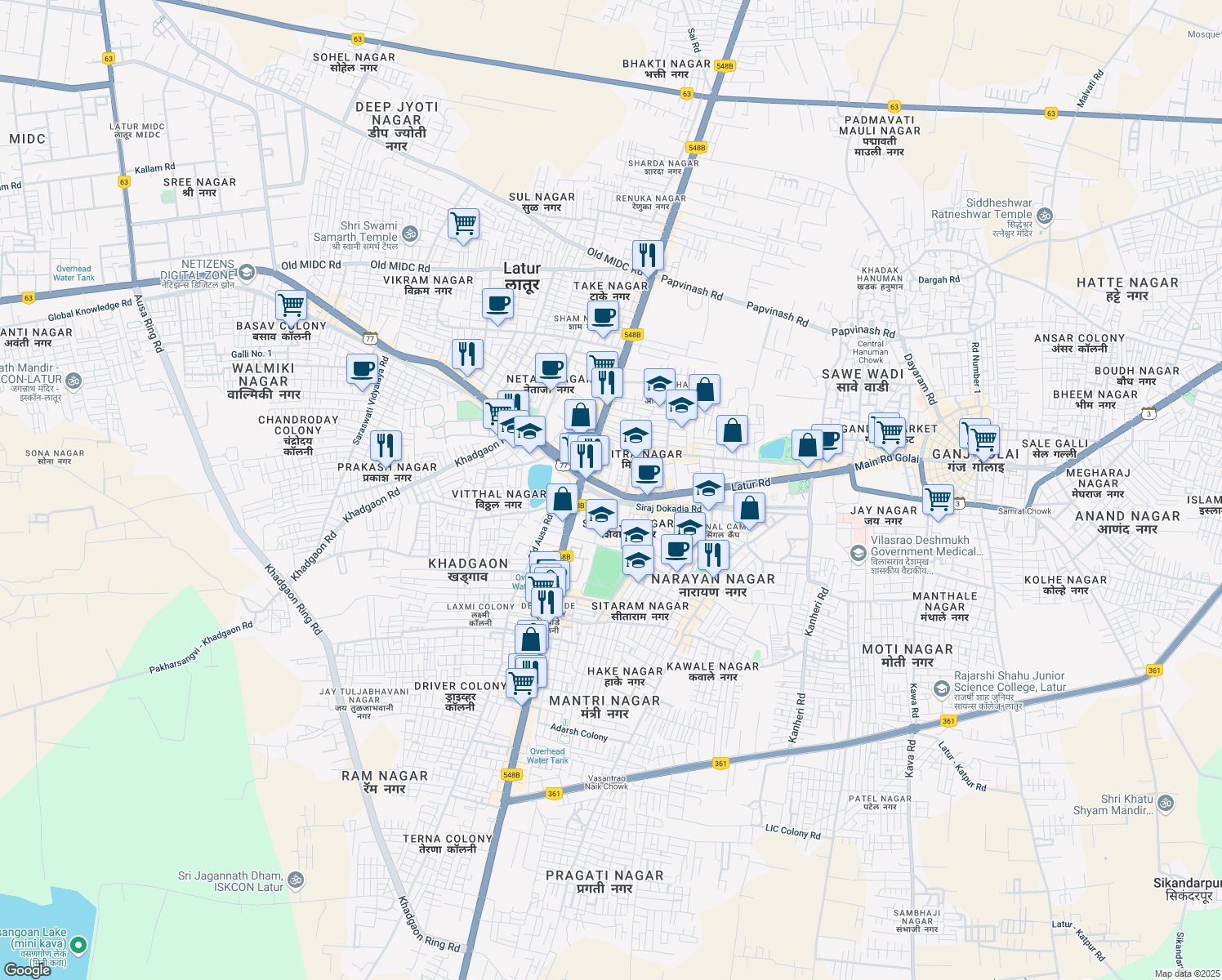 map of restaurants, bars, coffee shops, grocery stores, and more near Shivaji Chowk Flyover in Latur