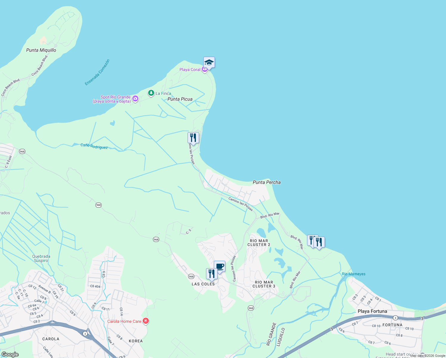 map of restaurants, bars, coffee shops, grocery stores, and more near in Río Grande