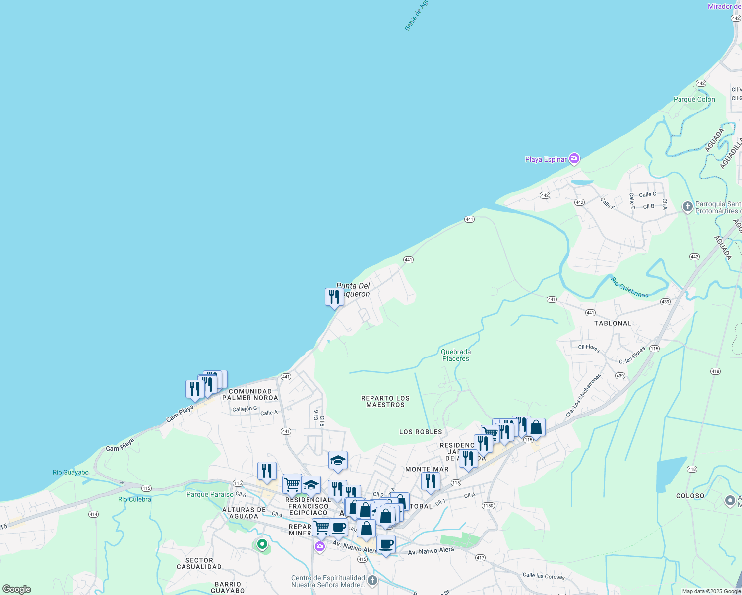 map of restaurants, bars, coffee shops, grocery stores, and more near 598 Puerto Rico 441 in Aguada