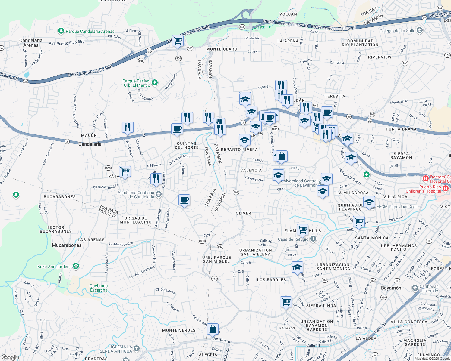 map of restaurants, bars, coffee shops, grocery stores, and more near 27 Calle 2 in Bayamón