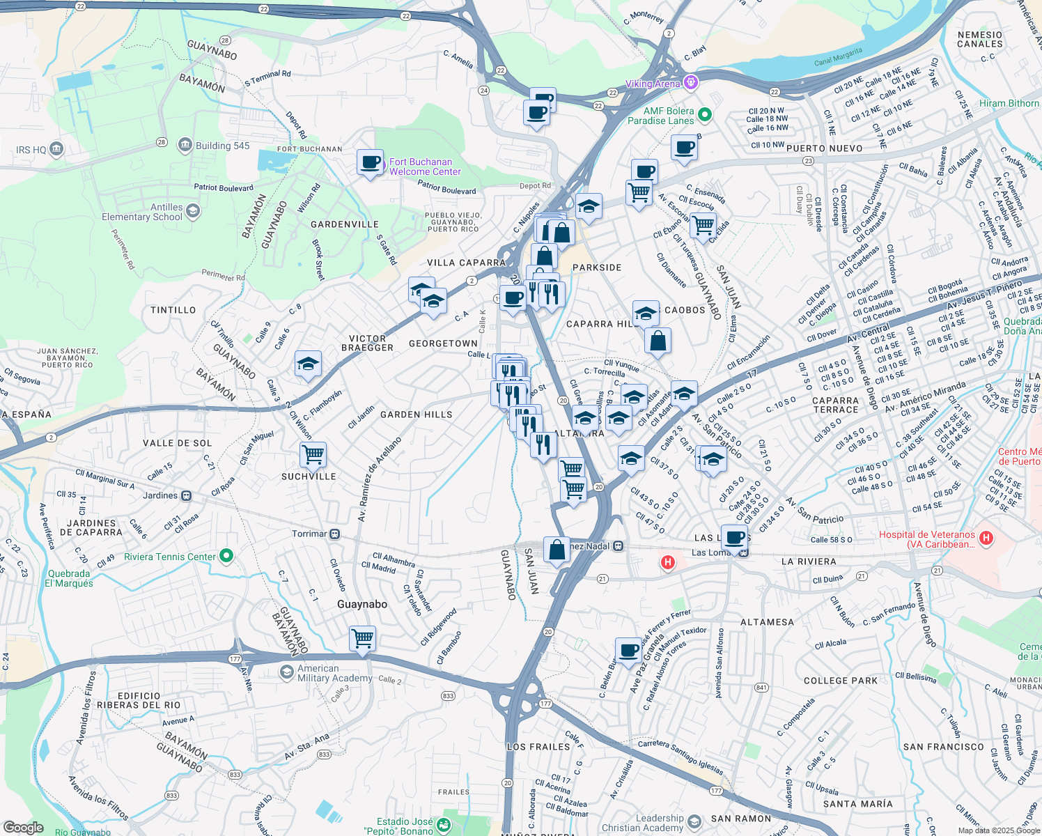 map of restaurants, bars, coffee shops, grocery stores, and more near 502 Calle Perseo in San Juan