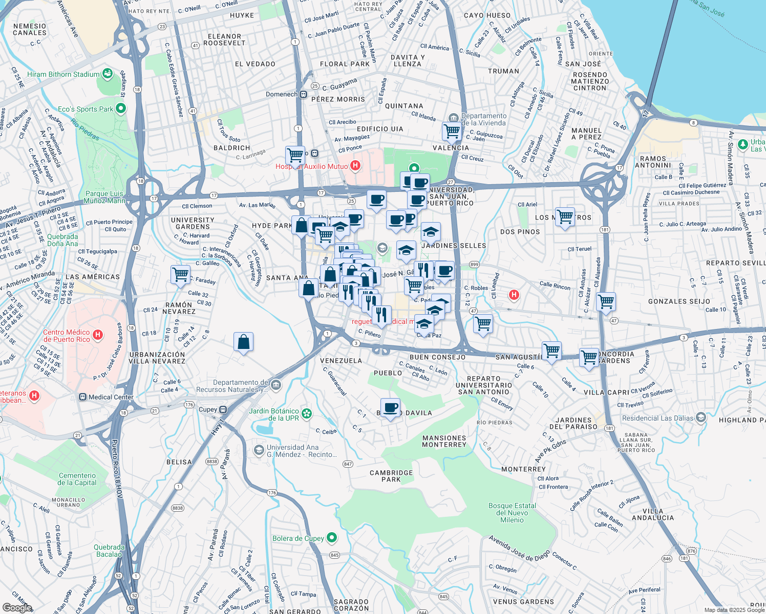 map of restaurants, bars, coffee shops, grocery stores, and more near 105 Calle José de Diego in San Juan
