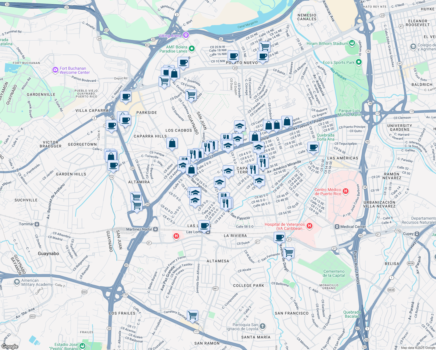 map of restaurants, bars, coffee shops, grocery stores, and more near 1555-1593 Calle 10 S O in San Juan