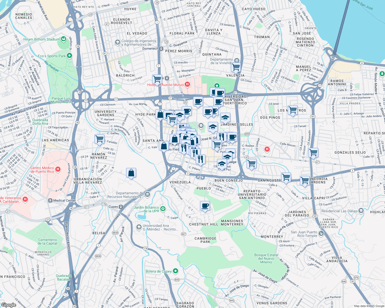 map of restaurants, bars, coffee shops, grocery stores, and more near 45 Paseo de Diego in San Juan