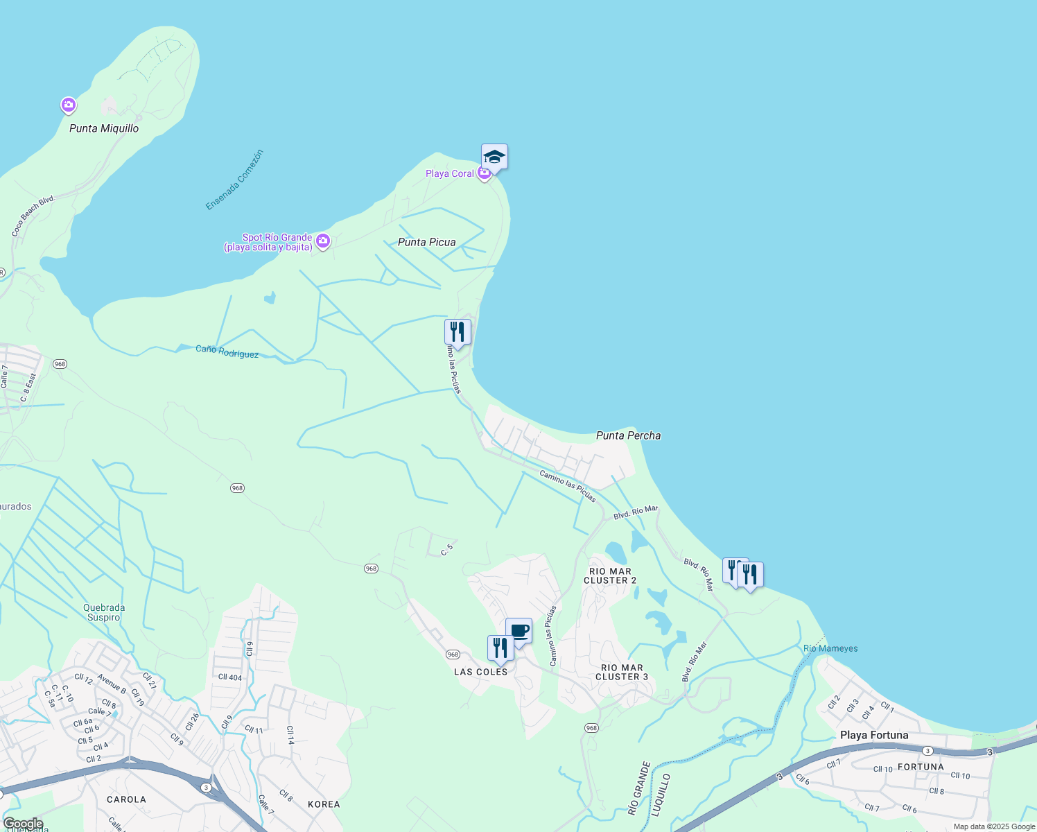 map of restaurants, bars, coffee shops, grocery stores, and more near Camino las Picüas in Río Grande