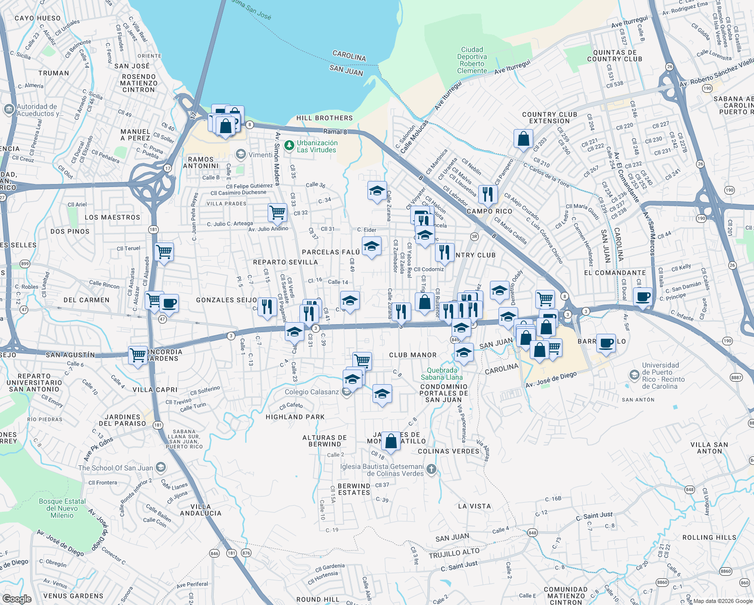map of restaurants, bars, coffee shops, grocery stores, and more near Calle 3 in San Juan