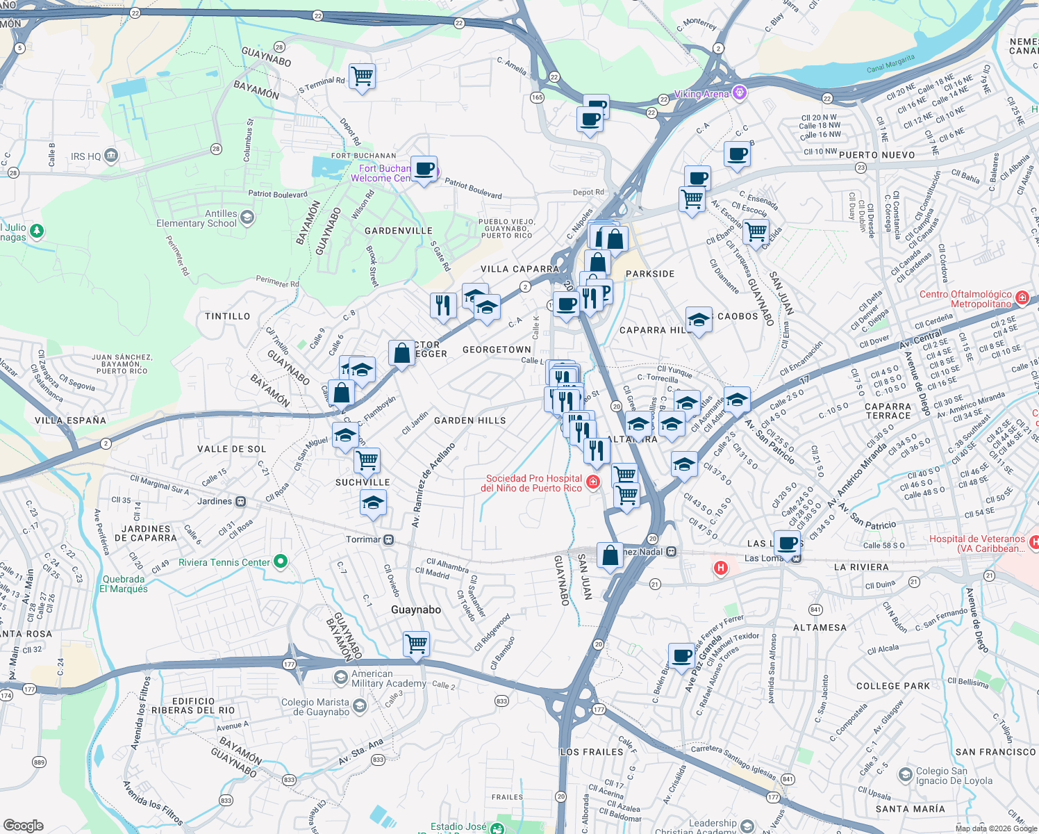 map of restaurants, bars, coffee shops, grocery stores, and more near Calle Atalaya in Guaynabo