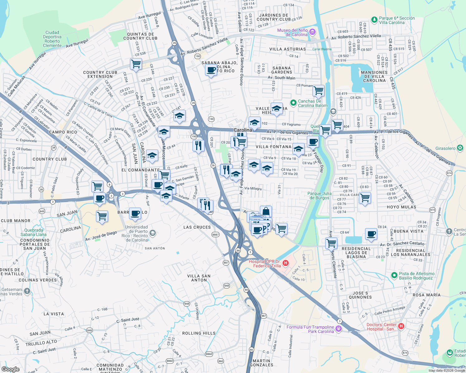 map of restaurants, bars, coffee shops, grocery stores, and more near Calle Parque Napoleon in Carolina