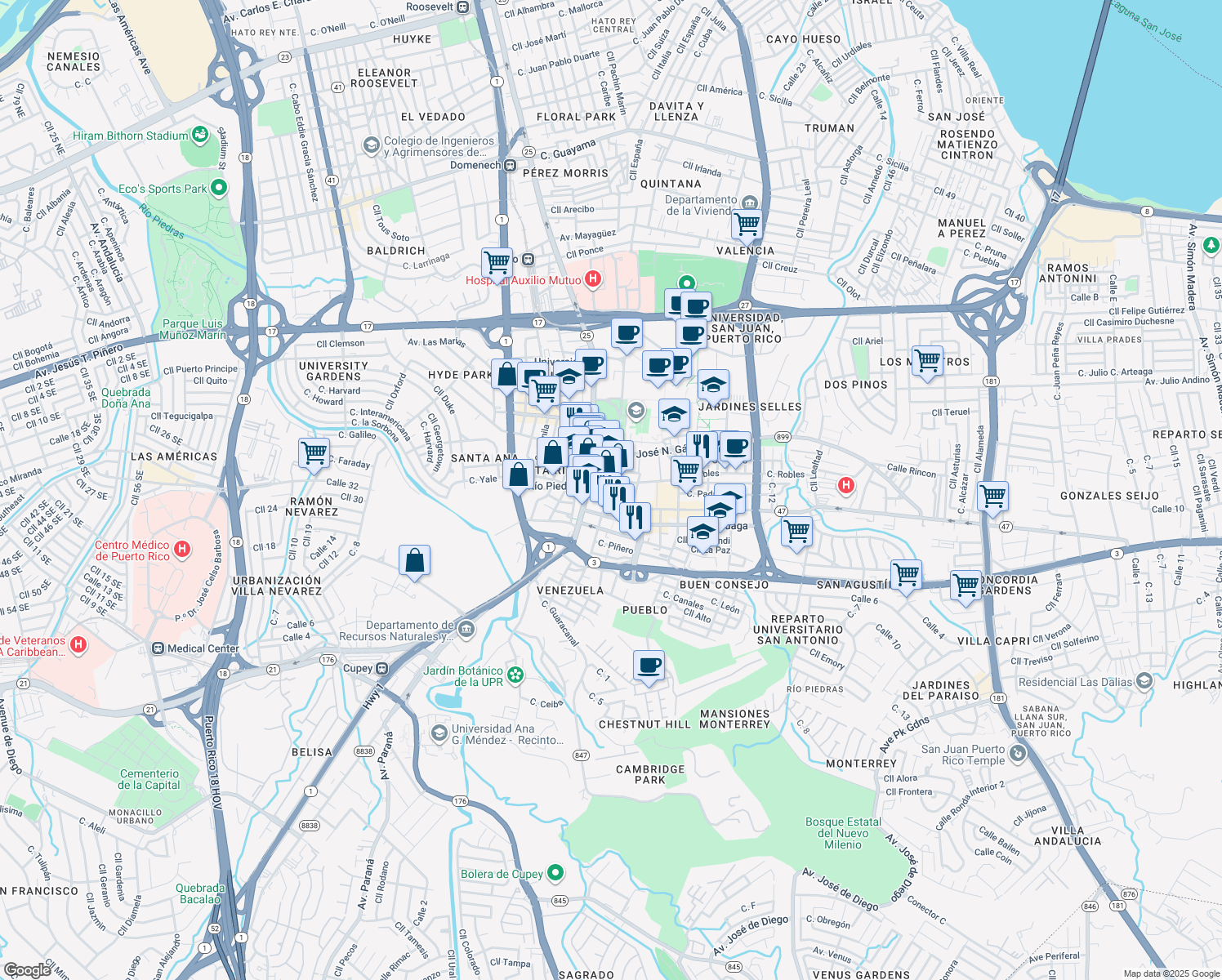 map of restaurants, bars, coffee shops, grocery stores, and more near 45 Paseo de Diego in San Juan