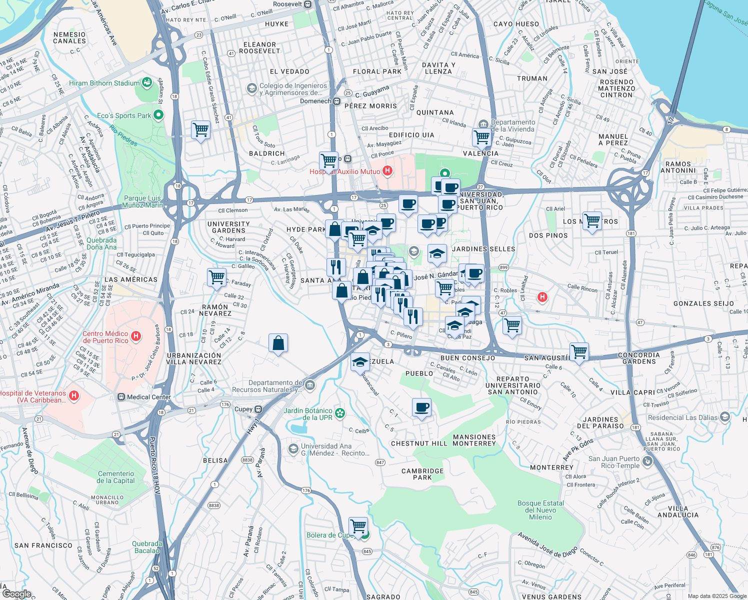 map of restaurants, bars, coffee shops, grocery stores, and more near in San Juan