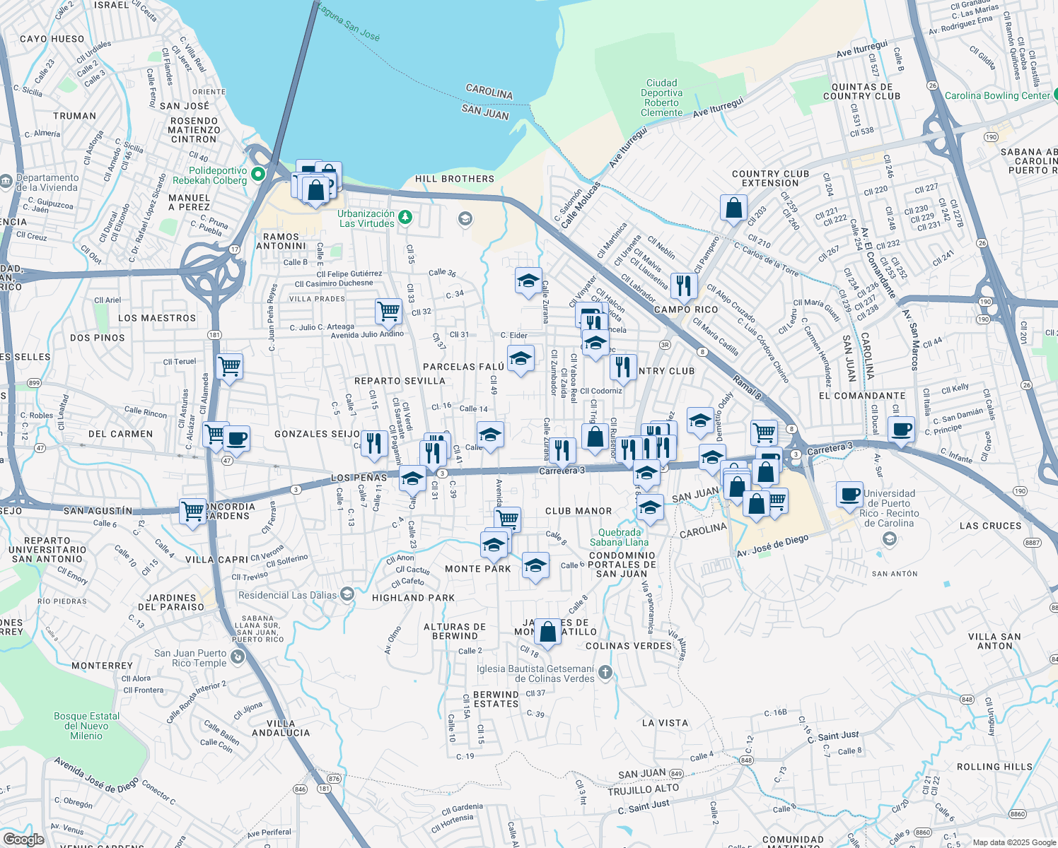 map of restaurants, bars, coffee shops, grocery stores, and more near Calle 3 in San Juan