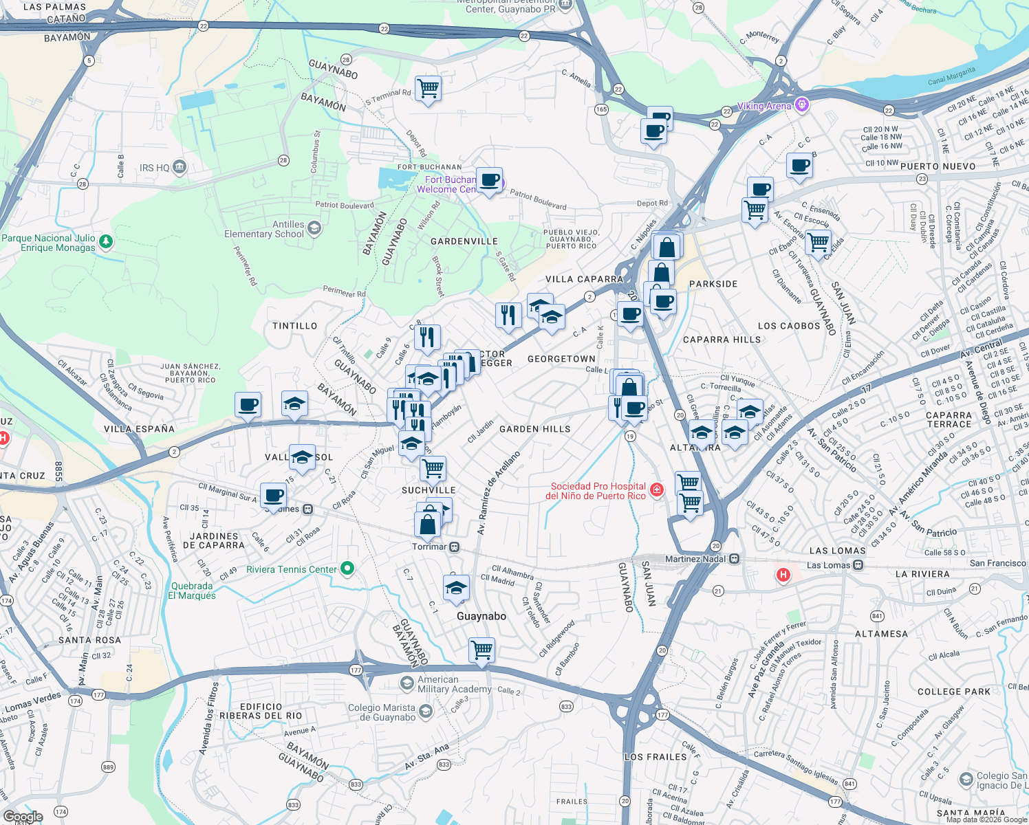 map of restaurants, bars, coffee shops, grocery stores, and more near Cll Green Valley in Guaynabo