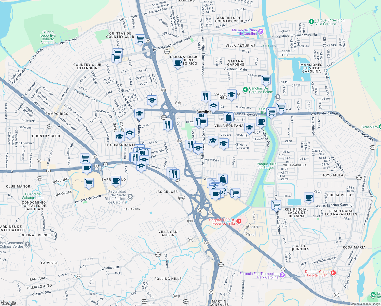 map of restaurants, bars, coffee shops, grocery stores, and more near Calle Parque Napoleon in Carolina