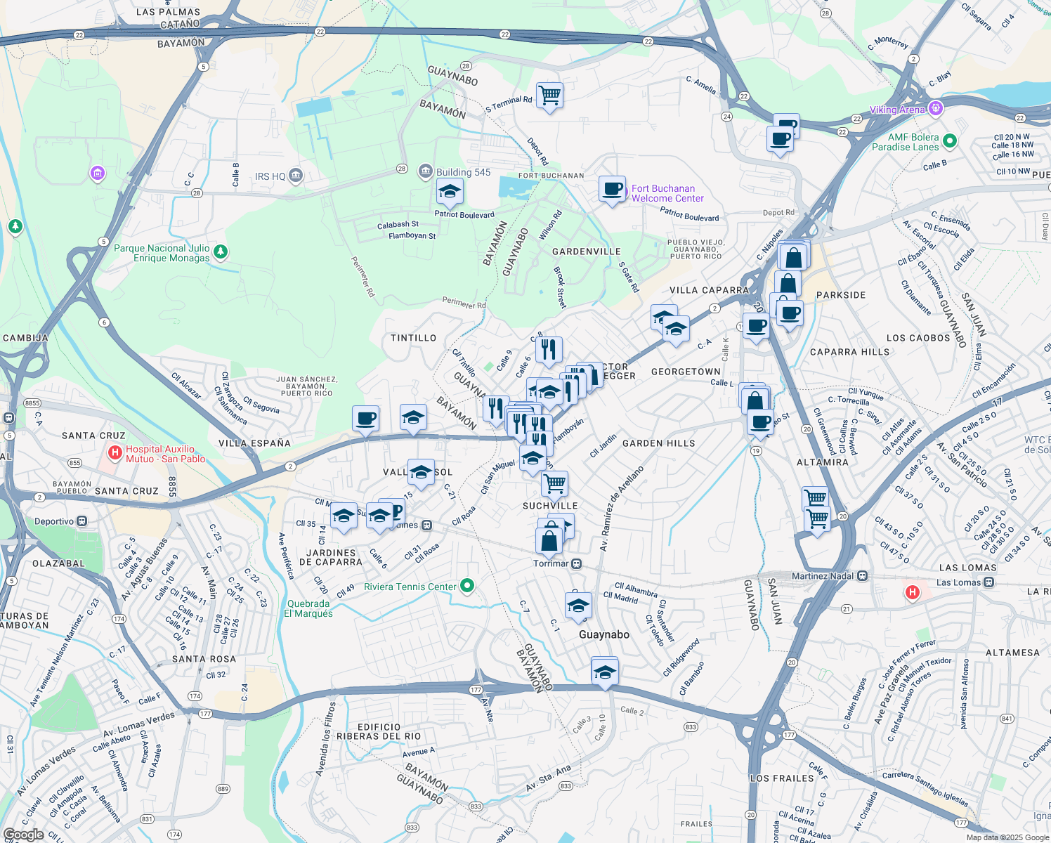 map of restaurants, bars, coffee shops, grocery stores, and more near 13 Calle Los Robles in Guaynabo