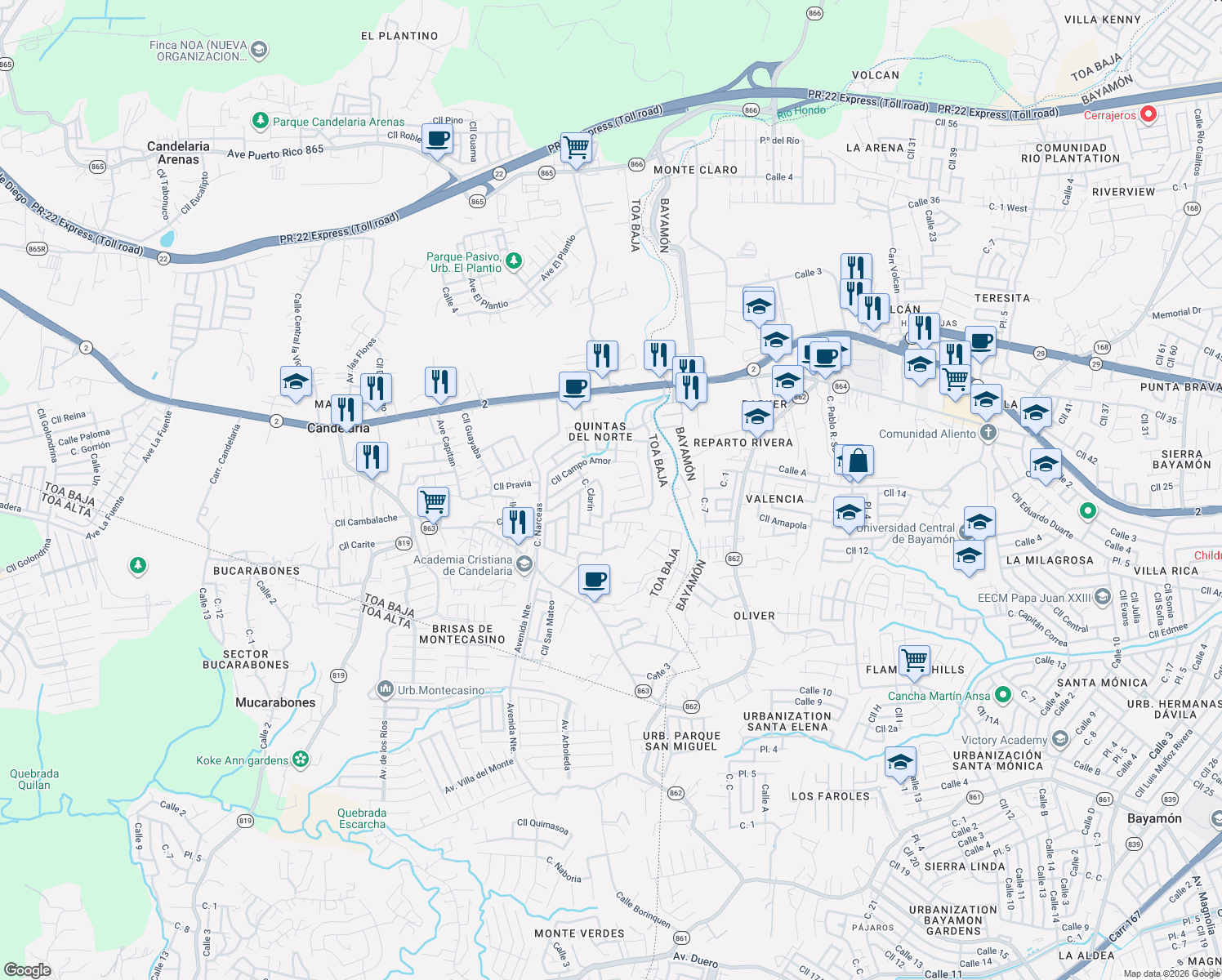 map of restaurants, bars, coffee shops, grocery stores, and more near Calle 8b in Toa Baja