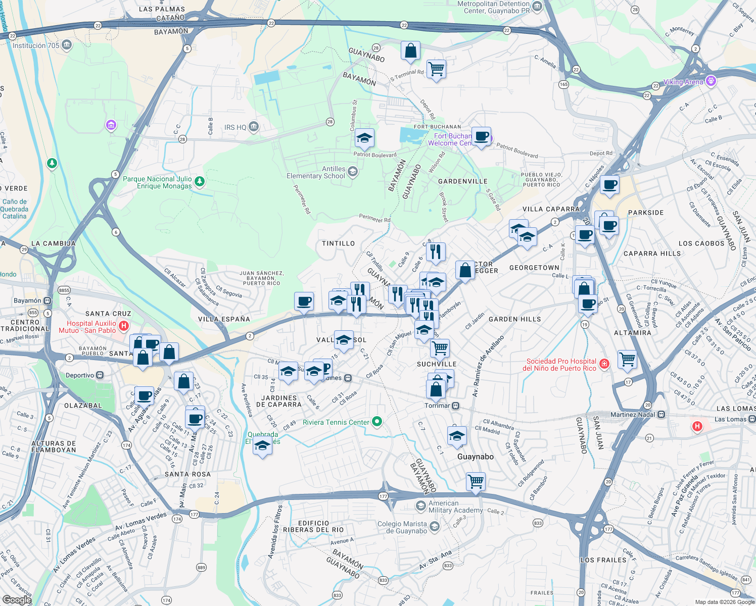 map of restaurants, bars, coffee shops, grocery stores, and more near 6 Calle Patricia in Guaynabo