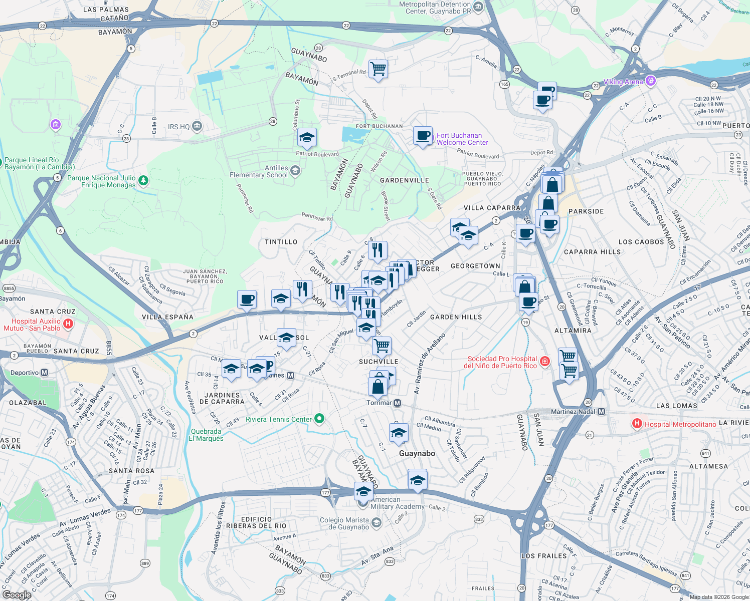 map of restaurants, bars, coffee shops, grocery stores, and more near 13 Calle Los Robles in Guaynabo