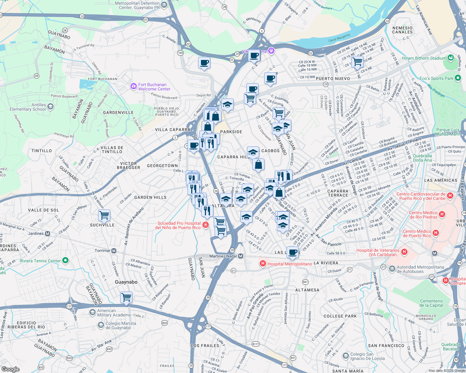 map of restaurants, bars, coffee shops, grocery stores, and more near 565 Calle Parnaso in San Juan