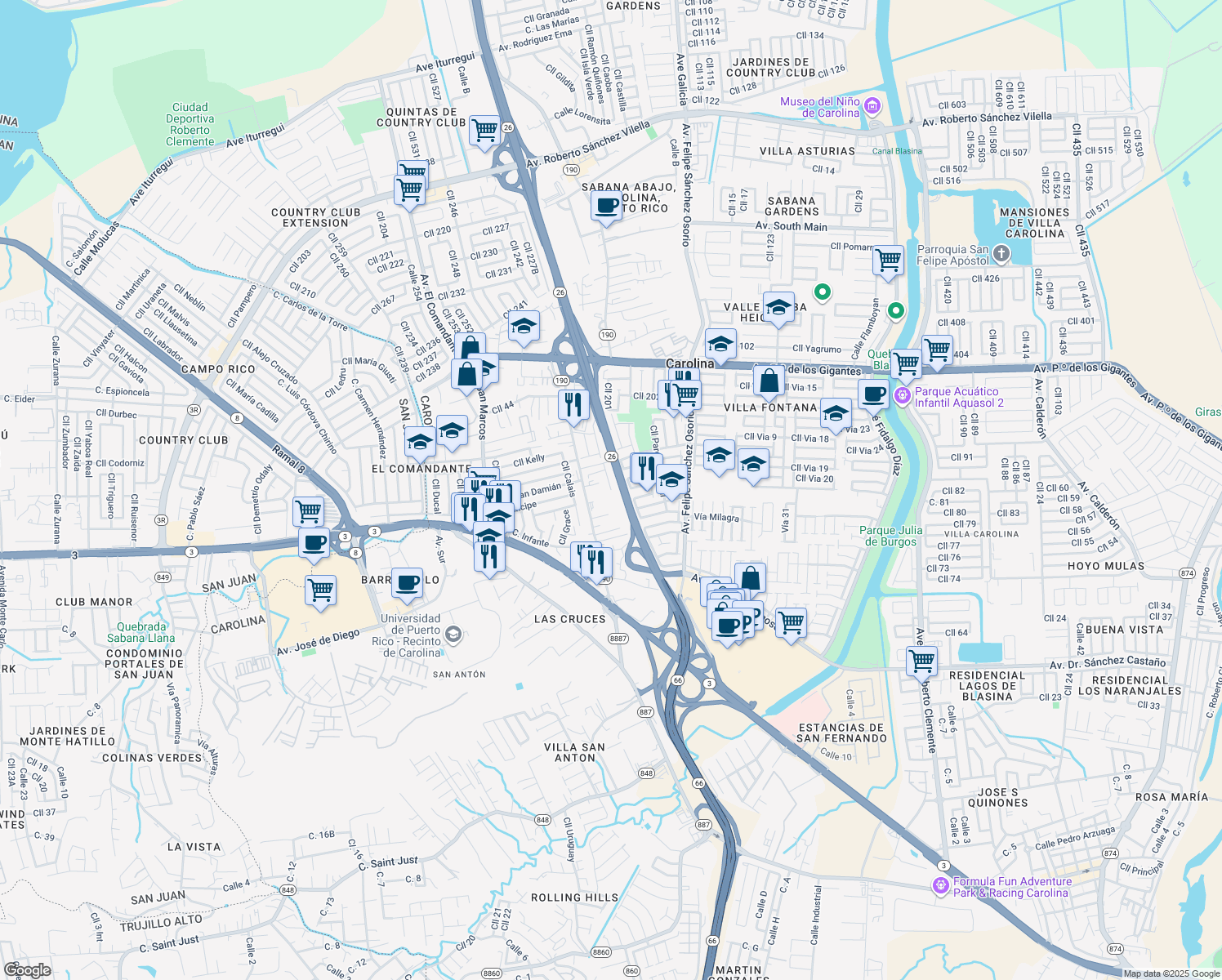 map of restaurants, bars, coffee shops, grocery stores, and more near Calle 5 in Carolina