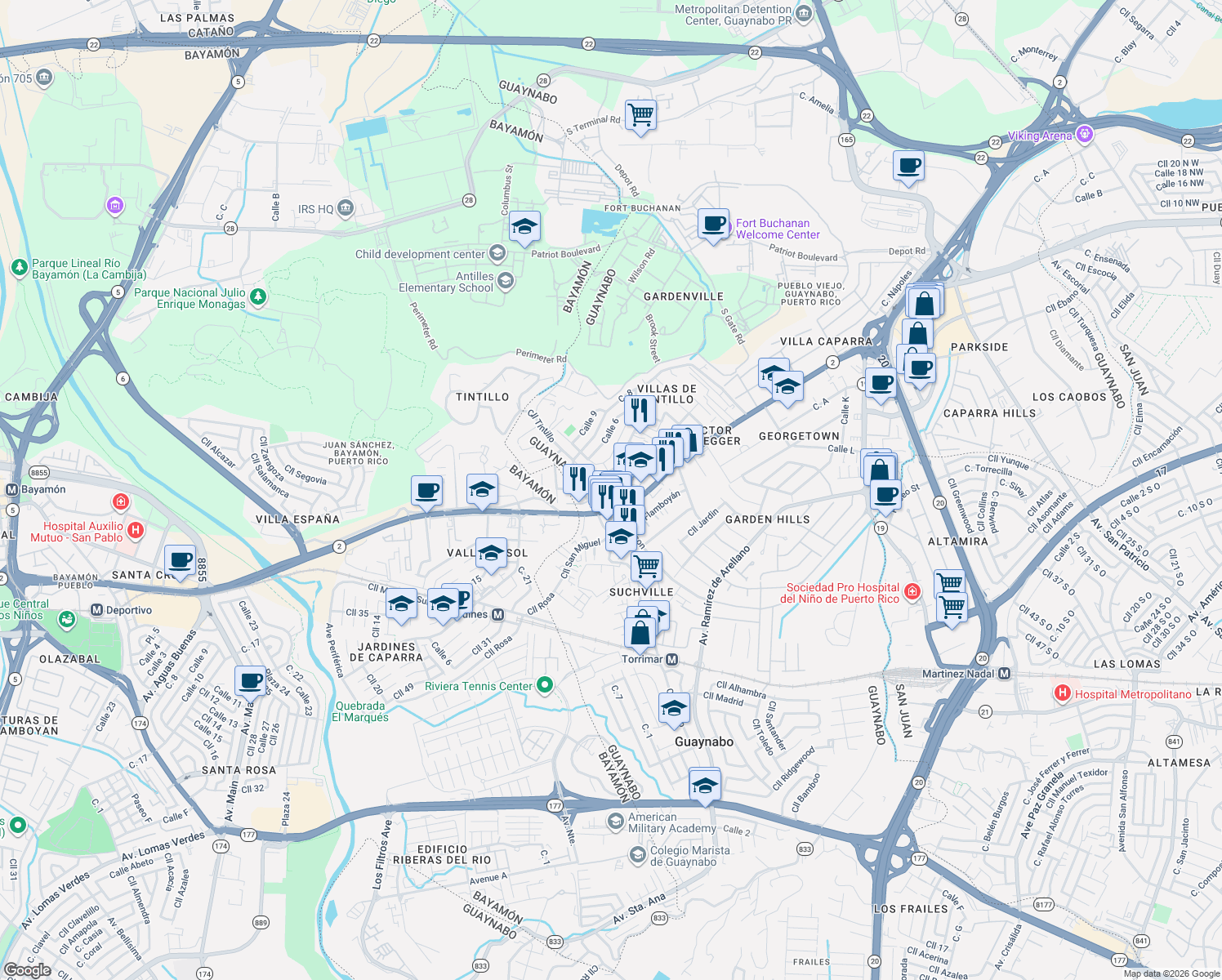 map of restaurants, bars, coffee shops, grocery stores, and more near in Guaynabo