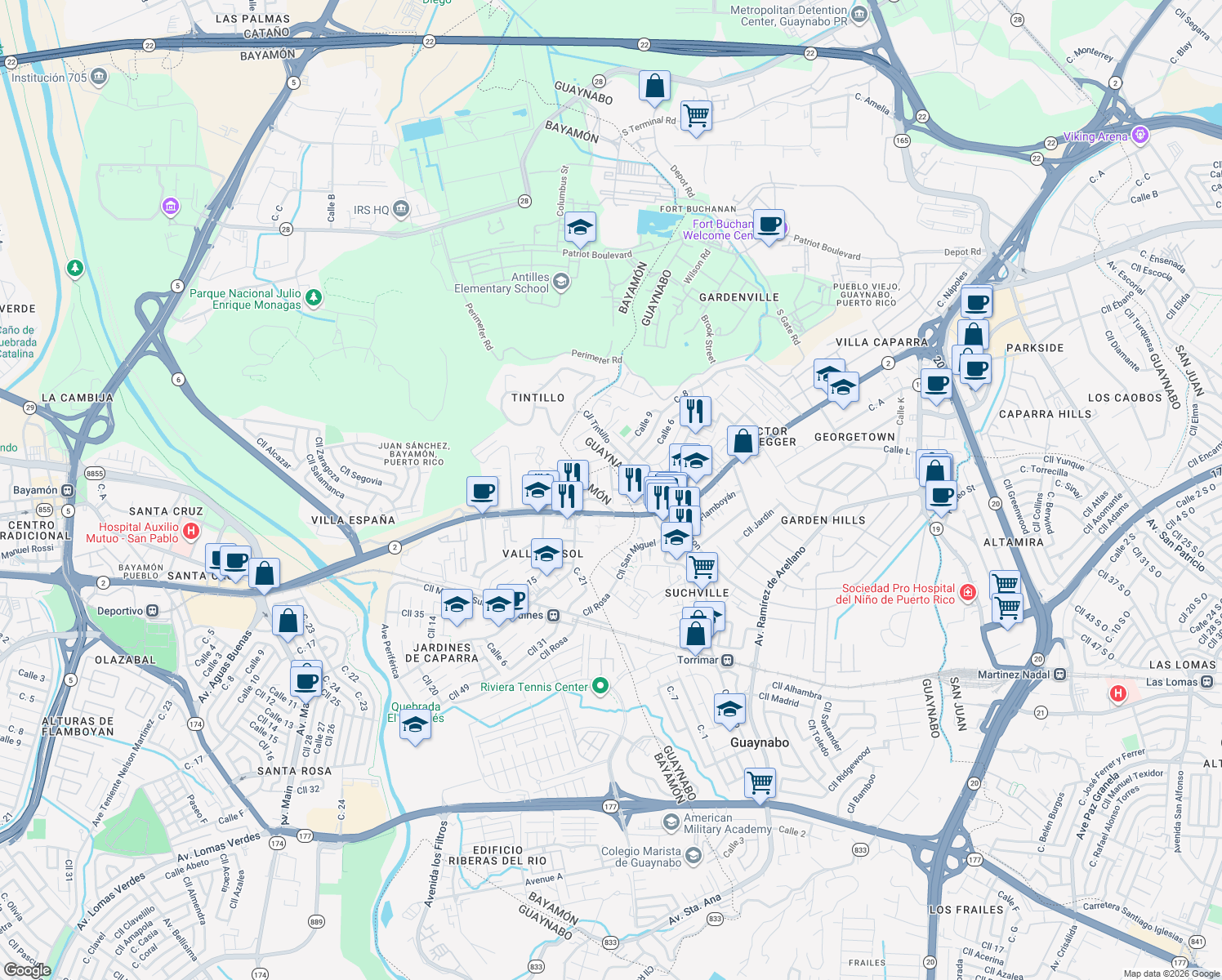 map of restaurants, bars, coffee shops, grocery stores, and more near 6 Calle Patricia in Guaynabo