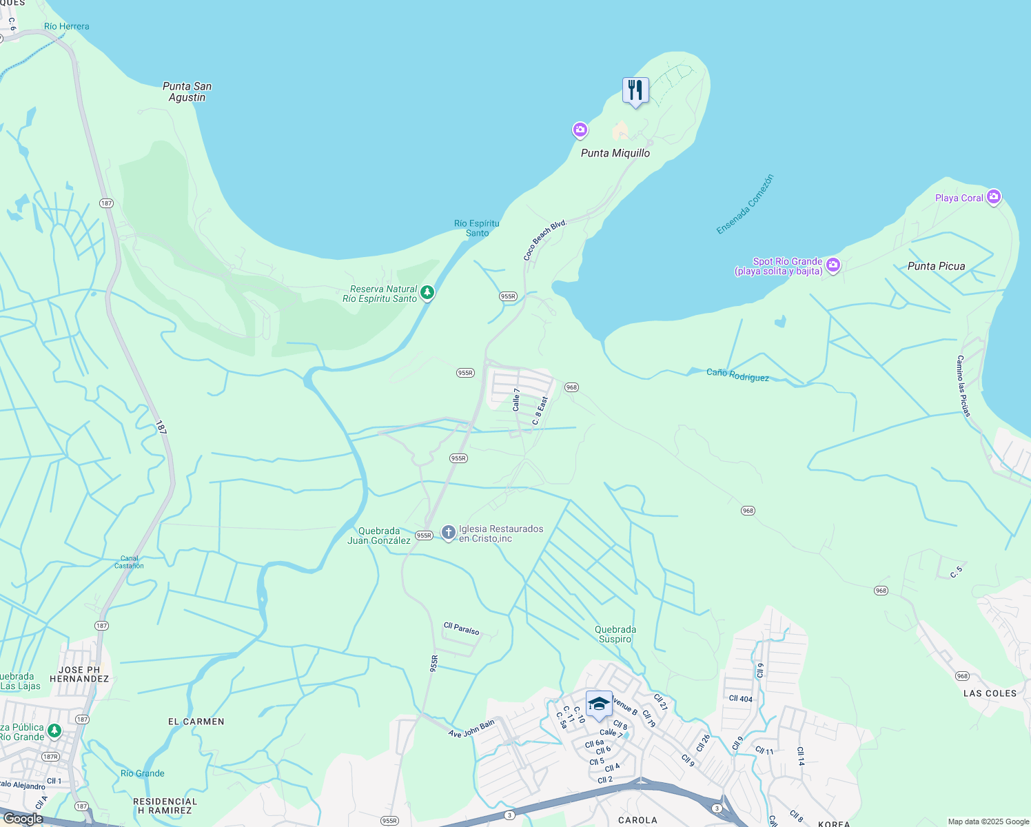 map of restaurants, bars, coffee shops, grocery stores, and more near Calle Marina in Rio Grande